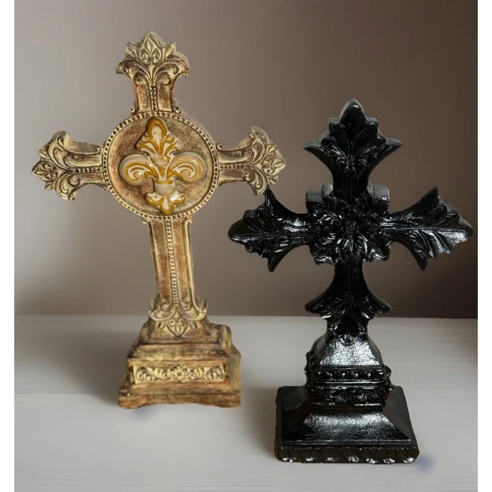 Heavy Distressed Fleur De Lis Cross Tabletop Accent Victorian Gothic Lot Of 2